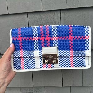 Kate Spade plaid Bay Drive Chloe Finn clutch w/dustbag preppy pink blue white
